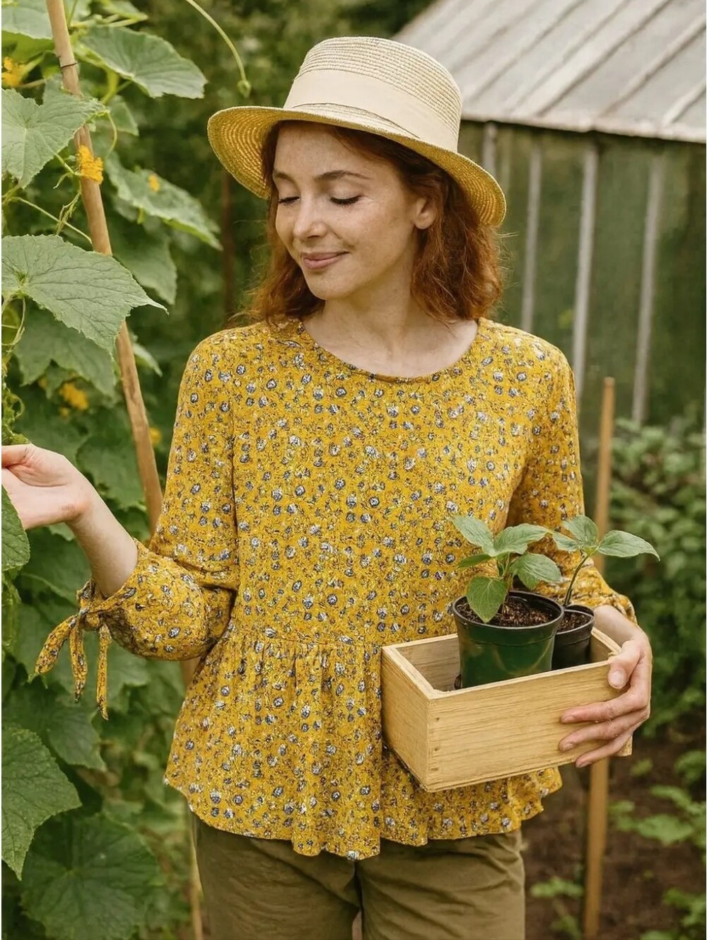 Women's Mustard Floral Peplum Tie-Sleeve Blouse